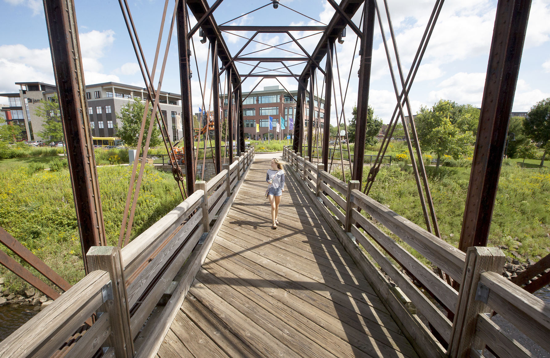 Pedestrian bridges connect downtown Eau Claire